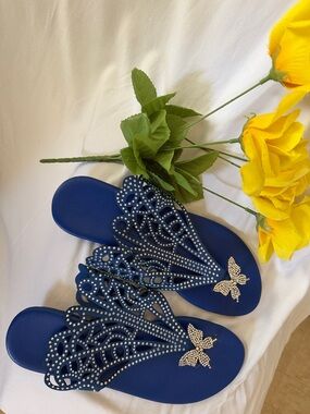 Navy Crystal Butterfly Slide Sandals for Women